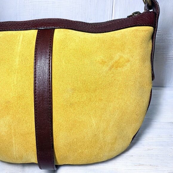 Burberry Suede & Leather Hobo Shoulder Bag Mustard Yellow Dark Brown 10"x8"x2" - Picture 8 of 13